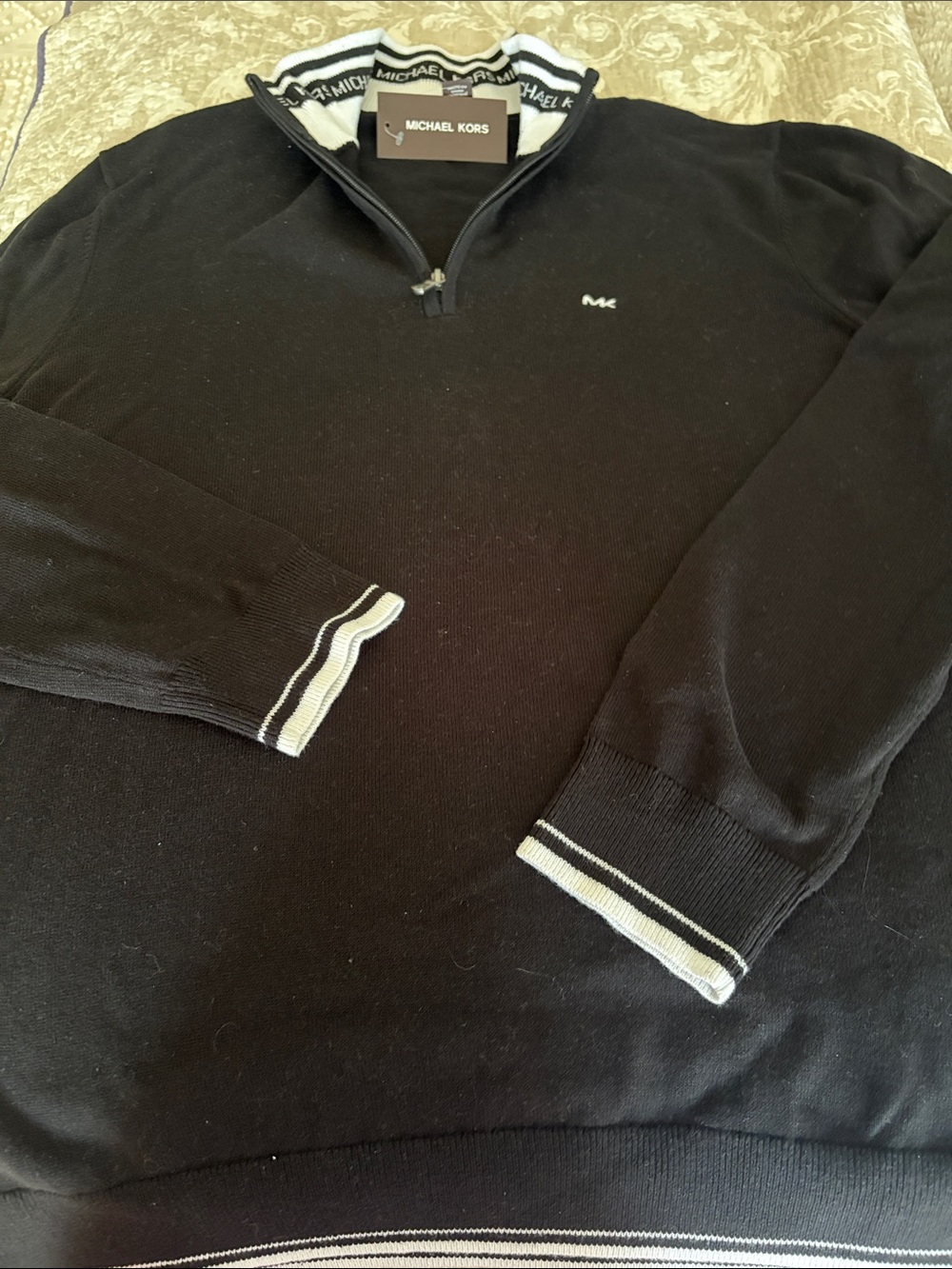 Michael Kors Men’s Black Zip-Neck Sweater with White Trim
